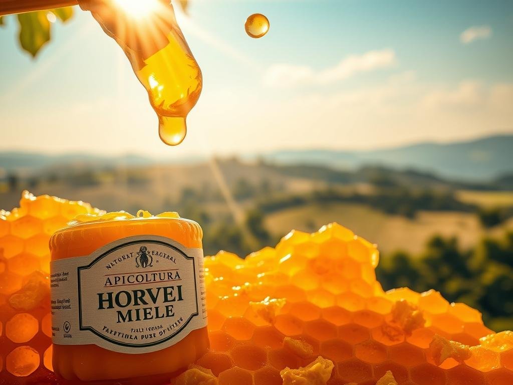 A vibrant honeycomb filled with golden, viscous miele energia, the natural elixir of vitality. Radiant beams of sunlight dance across the surface, illuminating the rich, amber hues. In the foreground, a label proudly displays the APICOLTURA BORVEI MIELE brand, a testament to the purity and quality of this nourishing nectar. The middle ground features a serene Italian countryside backdrop, rolling hills and lush greenery, reflecting the organic origins of this energizing superfood. Soft, diffused lighting lends a warm, inviting atmosphere, conveying the restorative power of this natural energizer. Capture the essence of Italy's finest miele energia, a pure and potent source of sustained physical resilience.