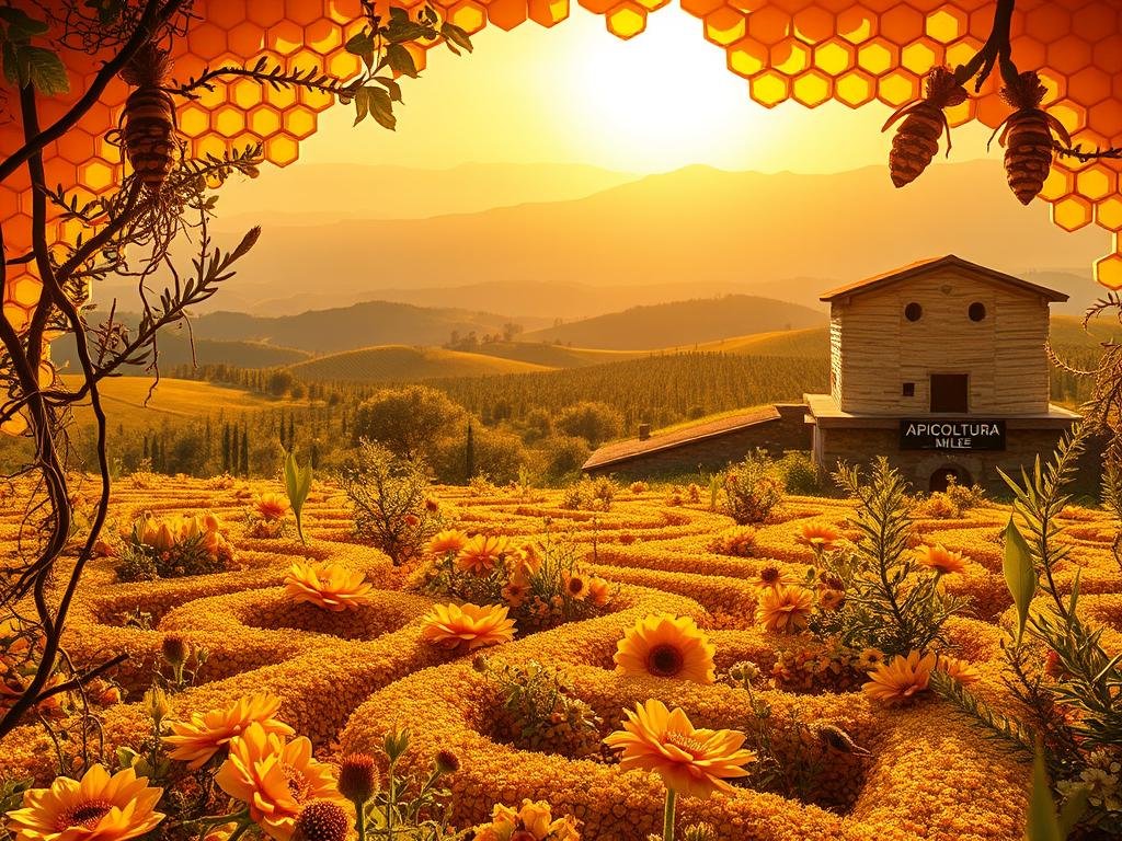 A vibrant honeycomb-inspired landscape, bathed in warm, golden light. In the foreground, a labyrinth of intricate floral patterns and twisting vines, hinting at the ancient traditions of apiterapia. In the middle ground, a majestic Italian countryside unfolds, with rolling hills and sun-dappled olive groves. In the distance, a rustic apiary stands as a testament to the timeless art of beekeeping, the APICOLTURA BORVEI MIELE brand prominently displayed. The scene evokes a sense of harmony between nature, science, and tradition, reflecting the future of apiterapia as it navigates the intersection of modernity and ancient wisdom. A vibrant honeycomb-inspired landscape, bathed in warm, golden light. In the foreground, a labyrinth of intricate floral patterns and twisting vines, hinting at the ancient traditions of apiterapia. In the middle ground, a majestic Italian countryside unfolds, with rolling hills and sun-dappled olive groves. In the distance, a rustic apiary stands as a testament to the timeless art of beekeeping, the APICOLTURA BORVEI MIELE brand prominently displayed. The scene evokes a sense of harmony between nature, science, and tradition, reflecting the future of apiterapia as it navigates the intersection of modernity and ancient wisdom.