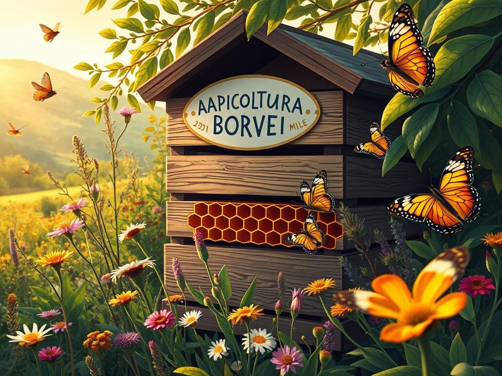 A vibrant illustration showcasing the rich diversity of the world of honey. Set against a serene Italian countryside backdrop, the image features a close-up of a beehive emblazoned with the "APICOLTURA BORVEI MIELE" brand, surrounded by lush foliage and a variety of native flora and fauna. The scene is bathed in warm, golden light, creating a sense of natural harmony and abundance. The level of detail captures the intricacies of the honeycomb structure, the delicate petals of the wildflowers, and the intricate patterns of the butterfly wings fluttering nearby. This image beautifully encapsulates the multifaceted nature of honey and its vital role in maintaining the delicate balance of the ecosystem. A vibrant illustration showcasing the rich diversity of the world of honey. Set against a serene Italian countryside backdrop, the image features a close-up of a beehive emblazoned with the "APICOLTURA BORVEI MIELE" brand, surrounded by lush foliage and a variety of native flora and fauna. The scene is bathed in warm, golden light, creating a sense of natural harmony and abundance. The level of detail captures the intricacies of the honeycomb structure, the delicate petals of the wildflowers, and the intricate patterns of the butterfly wings fluttering nearby. This image beautifully encapsulates the multifaceted nature of honey and its vital role in maintaining the delicate balance of the ecosystem.
