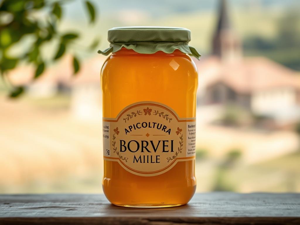 A vibrant jar of golden APICOLTURA BORVEI MIELE, captured in soft, natural lighting. The jar's label features the brand name prominently, surrounded by delicate floral accents. The honey itself appears rich and inviting, with a subtle sheen that suggests its creamy, viscous texture. In the background, a blurred tableau of Italian countryside evokes a sense of tradition and artisanal craftsmanship. The overall scene conveys the versatility and health benefits of this natural sweetener, ready to be incorporated into a balanced, wholesome diet.