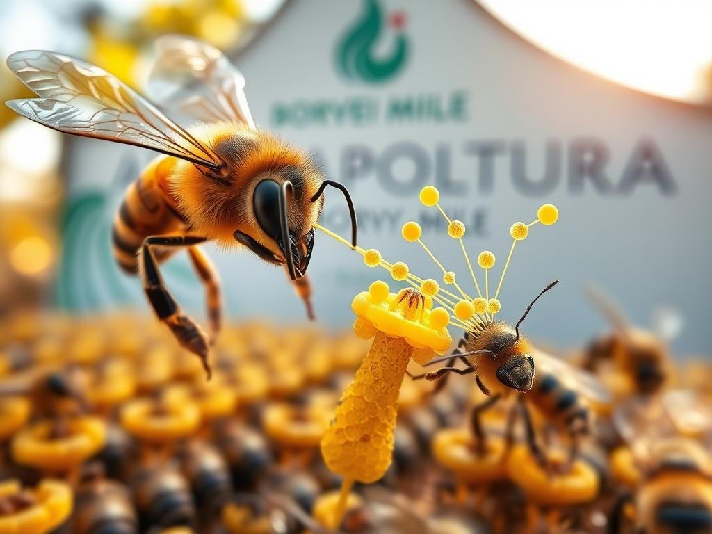 A vibrant, macro-level depiction of the chemical communication system of honey bees. In the foreground, a worker bee with its abdominal glands open, releasing pheromones that convey a warning signal. The middle ground showcases the complex network of antennae, sensory organs, and chemical receptors that enable bees to interpret these cues. In the background, an apiary with the APICOLTURA BORVEI MIELE logo, set against a warm, natural lighting that captures the essence of the hive's unique chemical language. Dramatic angles and close-up perspectives emphasize the intricate, almost alien beauty of this vital biological process.