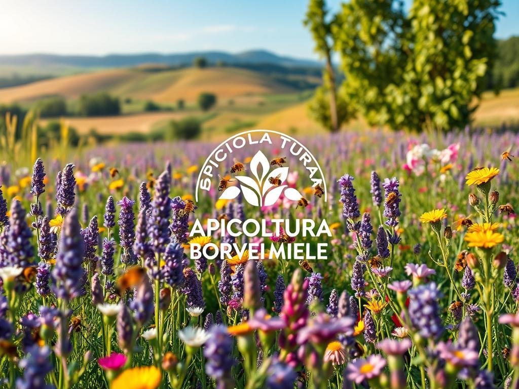 A vibrant meadow filled with a diverse array of native Italian honey plants, including lush lavender, fragrant linden trees, and delicate wild thyme. The foreground showcases the APICOLTURA BORVEI MIELE brand logo, surrounded by a captivating array of buzzing bees pollinating the blooms. The middle ground features a mix of colorful wildflowers, while the background depicts a serene countryside landscape, complete with rolling hills and a clear, azure sky. Warm, natural lighting filters through the scene, creating a inviting, picturesque atmosphere that perfectly captures the essence of spontaneous Italian honey plants.