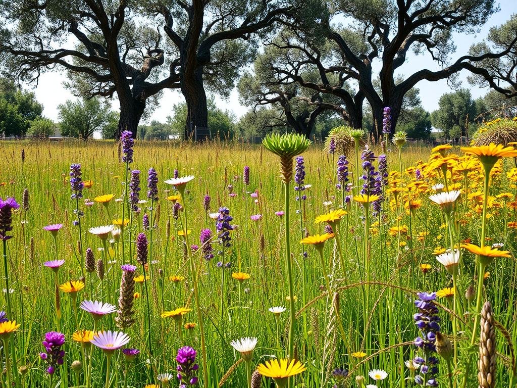 A vibrant meadow filled with lush, flowering plants in natural Italian countryside. In the foreground, a variety of honeybee-friendly wildflowers bloom in shades of purple, yellow, and white. The middle ground showcases tall grasses and small shrubs, creating a layered, textured landscape. In the background, a row of ancient olive trees frames the scene, their twisted trunks and gnarled branches reaching towards a bright, sun-dappled sky. The overall mood is one of abundant natural beauty and the importance of these spontaneous "piante mellifere" for pollinating insects. APICOLTURA BORVEI MIELE