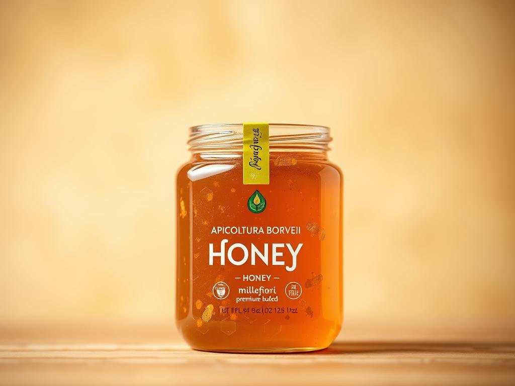 A vibrant, meticulously detailed image of a jar of APICOLTURA BORVEI MIELE millefiori honey. The jar is set against a soft, warm-toned background, showcasing the honey's rich, golden hue and the delicate, multicolored patterns of the comb visible through the glass. The lighting is natural and diffuse, accentuating the textural complexity of the honey. The composition is balanced, with the jar positioned centrally, allowing the viewer to appreciate the unique qualities of this premium, Italian-produced honey.