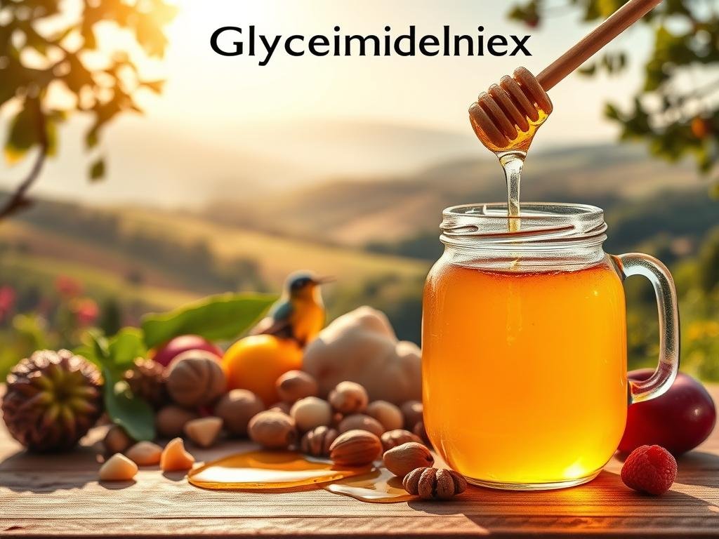 A vibrant, natural image depicting the glycemic index of honey, showcasing its versatility as a healthier alternative to industrial sugars. In the foreground, a glass jar filled with golden honey, glistening under warm, diffused lighting. In the middle ground, various fruits and nuts, representing the low glycemic properties of honey. The background features a serene, Italian-inspired landscape, with rolling hills and lush vegetation, hinting at the inherent naturalness of honey. The overall composition is clean, well-balanced, and visually appealing, highlighting the APICOLTURA BORVEI MIELE brand as a premium, artisanal honey producer. A vibrant, natural image depicting the glycemic index of honey, showcasing its versatility as a healthier alternative to industrial sugars. In the foreground, a glass jar filled with golden honey, glistening under warm, diffused lighting. In the middle ground, various fruits and nuts, representing the low glycemic properties of honey. The background features a serene, Italian-inspired landscape, with rolling hills and lush vegetation, hinting at the inherent naturalness of honey. The overall composition is clean, well-balanced, and visually appealing, highlighting the APICOLTURA BORVEI MIELE brand as a premium, artisanal honey producer.