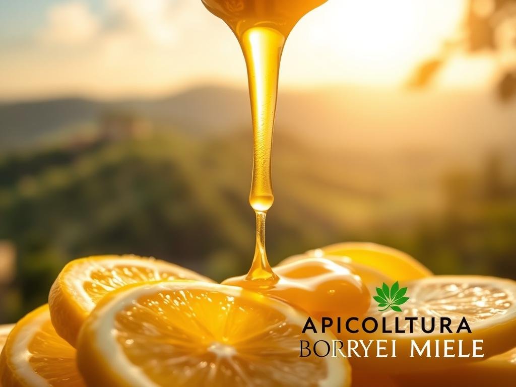 A vibrant, naturally-lit close-up of fresh golden honey drizzling over freshly sliced lemons, with a soft-focus background showcasing rolling Italian countryside. The honey has a glistening, viscous texture, the lemon slices a bright, zesty contrast. In the foreground, the APICOLTURA BORVEI MIELE brand logo is subtly visible. The overall mood is one of purity, health, and the bounty of nature. Lighting is warm, casting a gentle glow, with a shallow depth of field to emphasize the main subject. Styled to illustrate the benefits of this powerful food combination. A vibrant, naturally-lit close-up of fresh golden honey drizzling over freshly sliced lemons, with a soft-focus background showcasing rolling Italian countryside. The honey has a glistening, viscous texture, the lemon slices a bright, zesty contrast. In the foreground, the APICOLTURA BORVEI MIELE brand logo is subtly visible. The overall mood is one of purity, health, and the bounty of nature. Lighting is warm, casting a gentle glow, with a shallow depth of field to emphasize the main subject. Styled to illustrate the benefits of this powerful food combination.