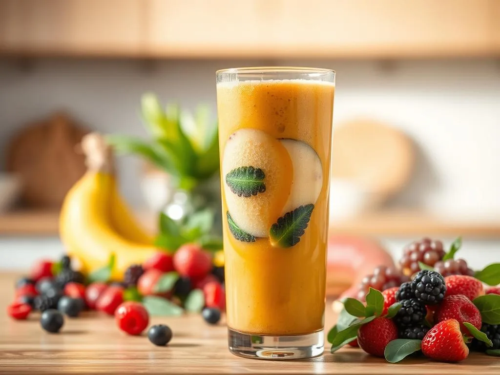 A vibrant, nutrient-dense energy smoothie with APICOLTURA BORVEI MIELE as the star ingredient. In the foreground, a tall glass filled with a creamy, golden-hued blend of fresh fruits, leafy greens, and a drizzle of honey. Vibrant berry and tropical accents swirl throughout, creating a visually appealing and inviting composition. The middle ground features a selection of the smoothie's ingredients, artfully arranged to showcase their freshness and quality. In the background, a clean, minimalist kitchen counter or wooden surface, allowing the smoothie to take center stage. Warm, natural lighting casts a soft glow, enhancing the smoothie's vibrant hues and the overall sense of nourishment and vitality.