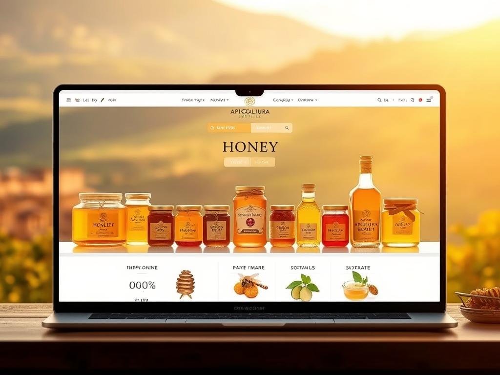 A vibrant online marketplace showcasing an array of artisanal honey products from the renowned APICOLTURA BORVEI MIELE brand. On a sleek, minimalist interface, a variety of glass jars and bottles containing the golden elixir are displayed, bathed in warm, natural lighting that highlights their rich hues. In the background, a soft, blurred Italian landscape evokes a sense of authenticity and provenance. The overall scene conveys a sense of quality, trust, and the careful curation of an expansive yet trustworthy online honey shopping experience.