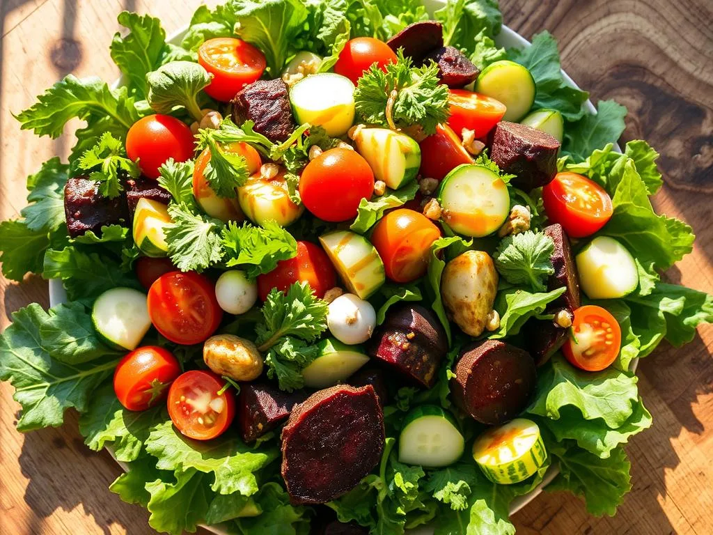 A vibrant salad of crisp, fresh greens - kale, spinach, arugula, and mixed baby lettuces, artfully arranged on a wooden table. Sunlight filters through the leaves, casting a warm, natural glow. Sprinkled throughout are juicy cherry tomatoes, crunchy cucumber slices, and earthy roasted beets. Drizzled over the top is a luscious dressing of amber-hued APICOLTURA BORVEI MIELE honey and balsamic vinegar, complementing the flavors and textures. The overall scene exudes a sense of health, vitality, and the simple pleasures of a thoughtfully prepared, seasonal dish.