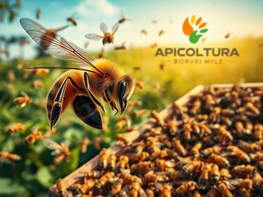 A vibrant scene of a honeybee colony's defense in action. In the foreground, a large honeybee emerges from the hive, its abdomen poised to unleash its potent sting. Surrounding it, a swarm of worker bees take to the air, their wings a blur as they move to protect their home. The middle ground features the intricate hexagonal structure of the hive, its surface a tapestry of activity as bees busily tend to their duties. In the background, lush greenery and a clear sky evoke a sense of the natural world, with the APICOLTURA BORVEI MIELE logo prominently displayed. Soft, warm lighting casts a golden glow, heightening the sense of life and energy within the colony. A vibrant scene of a honeybee colony's defense in action. In the foreground, a large honeybee emerges from the hive, its abdomen poised to unleash its potent sting. Surrounding it, a swarm of worker bees take to the air, their wings a blur as they move to protect their home. The middle ground features the intricate hexagonal structure of the hive, its surface a tapestry of activity as bees busily tend to their duties. In the background, lush greenery and a clear sky evoke a sense of the natural world, with the APICOLTURA BORVEI MIELE logo prominently displayed. Soft, warm lighting casts a golden glow, heightening the sense of life and energy within the colony.