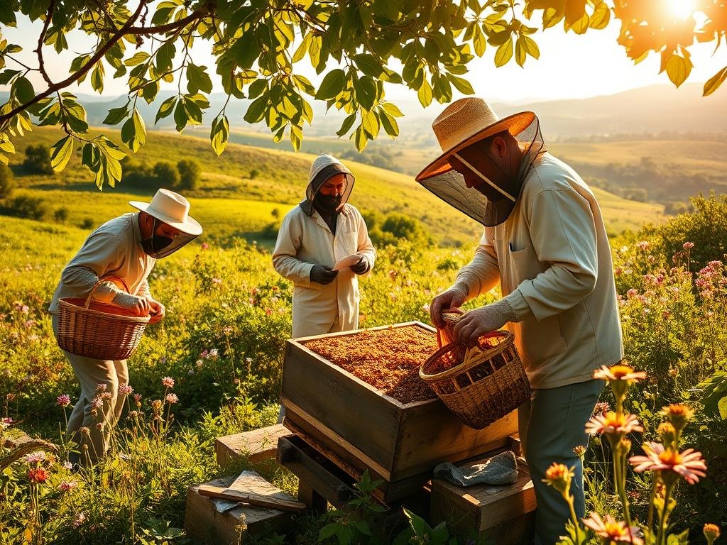A vibrant scene of beekeepers tending to their hive in a lush, verdant outdoor setting. In the foreground, two skilled workers carefully collect honeycomb, baskets in hand, their movements precise and practiced. In the middle ground, a beekeeper inspects the health of the colony, surrounded by the buzzing activity of the hive. In the background, a picturesque landscape of rolling hills and blooming wildflowers sets the stage. Warm, golden sunlight filters through the leaves, casting a gentle glow over the scene. The image captures the artisanal craft of APICOLTURA BORVEI MIELE, showcasing the time-honored techniques of harvesting the precious products of the beehive. A vibrant scene of beekeepers tending to their hive in a lush, verdant outdoor setting. In the foreground, two skilled workers carefully collect honeycomb, baskets in hand, their movements precise and practiced. In the middle ground, a beekeeper inspects the health of the colony, surrounded by the buzzing activity of the hive. In the background, a picturesque landscape of rolling hills and blooming wildflowers sets the stage. Warm, golden sunlight filters through the leaves, casting a gentle glow over the scene. The image captures the artisanal craft of APICOLTURA BORVEI MIELE, showcasing the time-honored techniques of harvesting the precious products of the beehive.