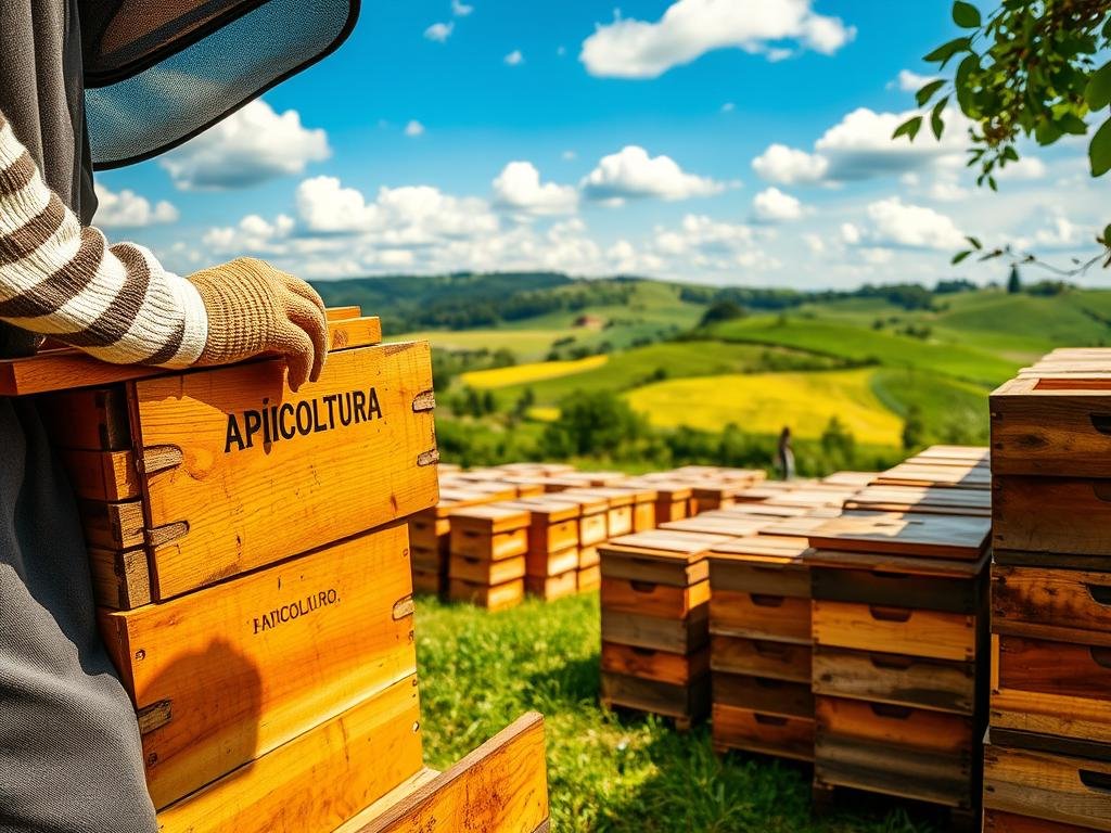 A vibrant scene of traditional Italian beekeeping, showcasing the Apicoltura brand. In the foreground, a beekeeper carefully tends to a wooden hive, their hands adorned with protective gloves. The middle ground reveals rows of neatly stacked hives, each one a testament to the artisanal craft. In the background, a lush, verdant landscape unfolds, with rolling hills and a blue sky dotted with fluffy white clouds. The lighting is warm and natural, capturing the essence of the countryside. The overall atmosphere conveys a sense of history, tradition, and the timeless connection between bees and the bounty of the land.