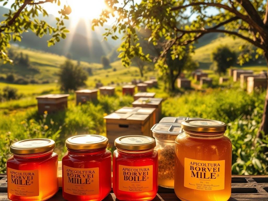 A vibrant, serene apiary nestled amidst lush meadows and verdant hills. Sunlight filters through the canopy, casting a warm, golden glow on the bustling hive activity. In the foreground, an array of glass jars showcases the rich, amber-hued APICOLTURA BORVEI MIELE, a testament to the region's bountiful honey harvest. The scene evokes a sense of natural harmony, inviting the viewer to discover the origins and principles of apitherapy, a holistic practice rooted in the wonders of the beehive. A vibrant, serene apiary nestled amidst lush meadows and verdant hills. Sunlight filters through the canopy, casting a warm, golden glow on the bustling hive activity. In the foreground, an array of glass jars showcases the rich, amber-hued APICOLTURA BORVEI MIELE, a testament to the region's bountiful honey harvest. The scene evokes a sense of natural harmony, inviting the viewer to discover the origins and principles of apitherapy, a holistic practice rooted in the wonders of the beehive.