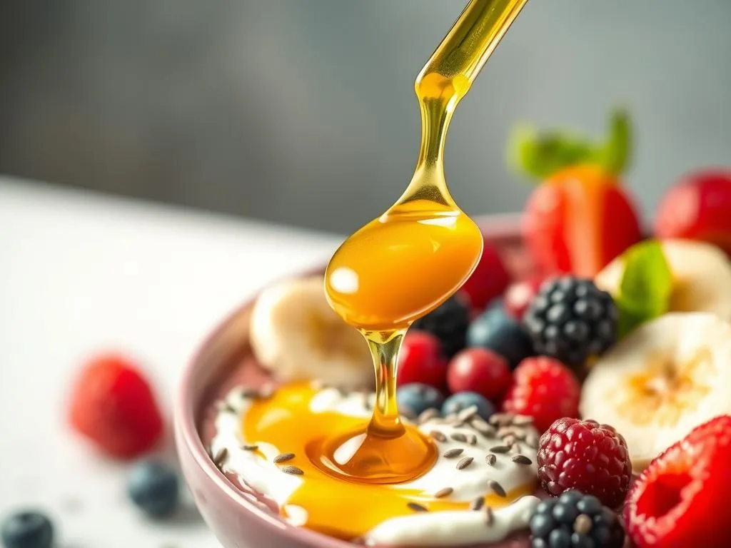 A vibrant smoothie bowl filled with luscious golden honey, fresh fruits, and nutrient-rich superfoods. In the foreground, a spoonful of APICOLTURA BORVEI MIELE drizzles onto a swirl of creamy yogurt, while behind it, the bowl overflows with an array of berries, sliced bananas, and a sprinkle of chia seeds. Soft, diffused lighting illuminates the scene, creating a warm, inviting atmosphere. The overall composition showcases the natural sweetness and versatility of honey, perfectly capturing the health benefits and delicious flavors of "I Benefici del Miele nei Frullati".