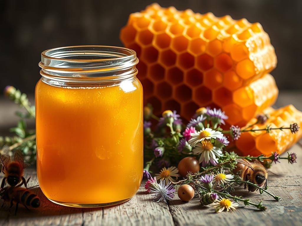 A vibrant still life capturing the essence of local honey. In the foreground, a glass jar filled with golden, viscous honey, its surface glistening with tiny air bubbles. Surrounding it, an artful arrangement of honeycombs, their intricate structures showcasing the craftsmanship of the bees. In the middle ground, a scattering of wildflowers and herbs, a nod to the diverse nectar sources the bees have foraged. Soft, warm lighting illuminates the scene, casting gentle shadows and highlighting the natural textures. The overall mood is one of rustic authenticity, inviting the viewer to appreciate the unique characteristics of the "Apicoltura" local honey. A vibrant still life capturing the essence of local honey. In the foreground, a glass jar filled with golden, viscous honey, its surface glistening with tiny air bubbles. Surrounding it, an artful arrangement of honeycombs, their intricate structures showcasing the craftsmanship of the bees. In the middle ground, a scattering of wildflowers and herbs, a nod to the diverse nectar sources the bees have foraged. Soft, warm lighting illuminates the scene, casting gentle shadows and highlighting the natural textures. The overall mood is one of rustic authenticity, inviting the viewer to appreciate the unique characteristics of the "Apicoltura" local honey.