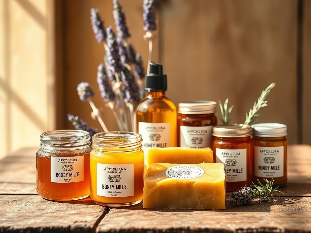 A vibrant still life composition showcasing an assortment of APICOLTURA BORVEI MIELE bee-derived products for skin care, arranged on a rustic wooden surface. In the foreground, a jar of honey, a beeswax candle, and a bar of honey-infused soap. In the middle ground, a jar of propolis tincture and a jar of royal jelly. In the background, dried lavender sprigs and a sprig of rosemary, evoking the natural Italian countryside. Warm natural lighting casts a soft, golden glow, highlighting the organic textures and colors of the products. The overall mood is one of wellness, purity, and the restorative power of nature's gifts.