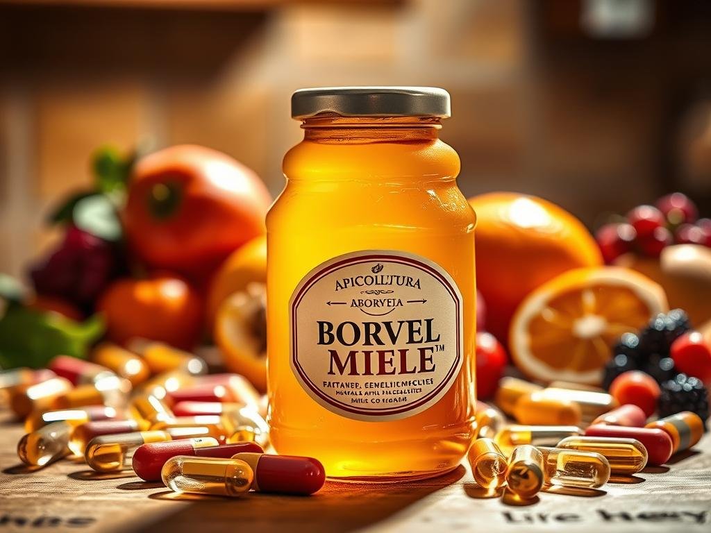 A vibrant, still-life composition showcasing "miele integratori energetici". In the foreground, a glass jar filled with golden, viscous honey takes center stage, its label prominently displaying the brand name "APICOLTURA BORVEI MIELE". Surrounding the honey jar are several colorful, capsule-shaped supplements, their packaging suggesting various energetic properties. The middle ground features a selection of fresh, seasonal fruits - oranges, apples, and berries - hinting at the natural sources of energy. The background is softly blurred, evoking a warm, cozy atmosphere, perhaps a rustic Italian kitchen counter or table. Warm, directional lighting casts subtle shadows, accentuating the textures and colors of the scene. The overall mood is one of balance, highlighting the contrast between the natural sweetness of honey and the technological convenience of dietary supplements.