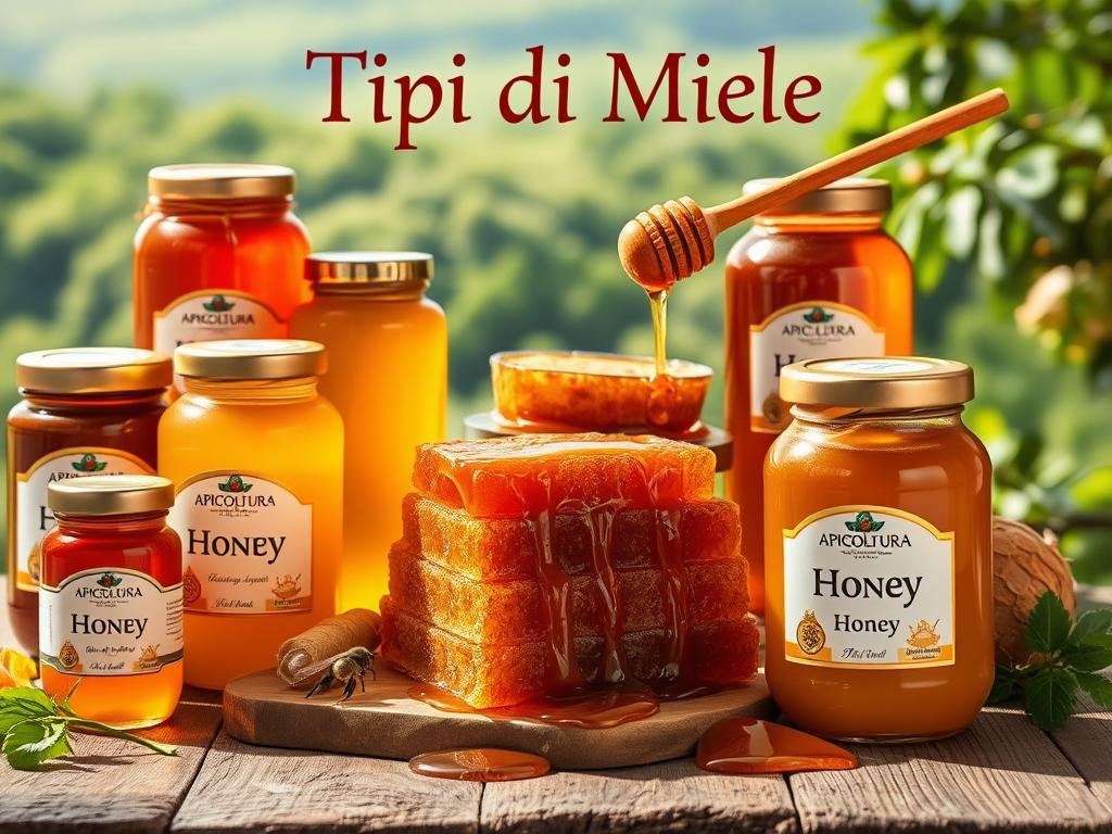A vibrant still life depicting an assortment of "Tipi di Miele" (Types of Honey) from the Italian brand APICOLTURA BORVEI MIELE. In the foreground, a range of honey jars in various shades of amber, gold, and caramel, each with their distinct labels and textures. In the middle ground, a wooden surface showcases a selection of honeycombs, dripping with viscous honey. The background features a soft, blurred landscape of lush greenery, hinting at the natural habitats where these honeys were produced. The lighting is warm and natural, highlighting the rich, vibrant colors and the artisanal, handcrafted quality of the honey products. The overall composition and attention to detail convey the diversity and unique properties of each type of honey, aligning with the section title "Tipi di Miele e Loro Benefici Specifici".