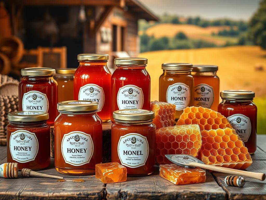 A vibrant still life featuring an assortment of honey jars and honeycombs, meticulously arranged on a rustic wooden table. The foreground showcases the diverse "tipi di miele" (types of honey), each jar labeled with the APICOLTURA BORVEI MIELE brand. The midground includes carefully positioned honeycombs, their golden hues and intricate patterns adding depth and texture. The background features a warm, soft-focus Italian countryside scene, hinting at the provenance of this authentic artisanal honey. Warm, natural lighting casts a gentle glow, evoking a sense of craftsmanship and tradition. The overall composition and attention to detail elevate this image to a visually captivating representation of the different honey varieties.