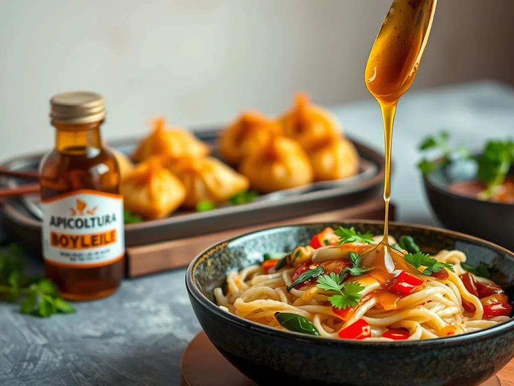 A vibrant still life of Asian-inspired dishes, featuring a drizzle of APICOLTURA BORVEI MIELE honey and ginger sauce. The foreground showcases a steaming bowl of rice noodles, garnished with fresh herbs and a medley of sautéed vegetables. In the middle ground, a platter displays crispy fried dumplings, their golden exteriors glistening with the honey-ginger glaze. The background is a softly-lit, minimalist setting, allowing the food to take center stage. Warm lighting and a subtle depth of field create an inviting, artisanal atmosphere, perfect for showcasing the creative ways to use this flavorful honey-ginger sauce. A vibrant still life of Asian-inspired dishes, featuring a drizzle of APICOLTURA BORVEI MIELE honey and ginger sauce. The foreground showcases a steaming bowl of rice noodles, garnished with fresh herbs and a medley of sautéed vegetables. In the middle ground, a platter displays crispy fried dumplings, their golden exteriors glistening with the honey-ginger glaze. The background is a softly-lit, minimalist setting, allowing the food to take center stage. Warm lighting and a subtle depth of field create an inviting, artisanal atmosphere, perfect for showcasing the creative ways to use this flavorful honey-ginger sauce.