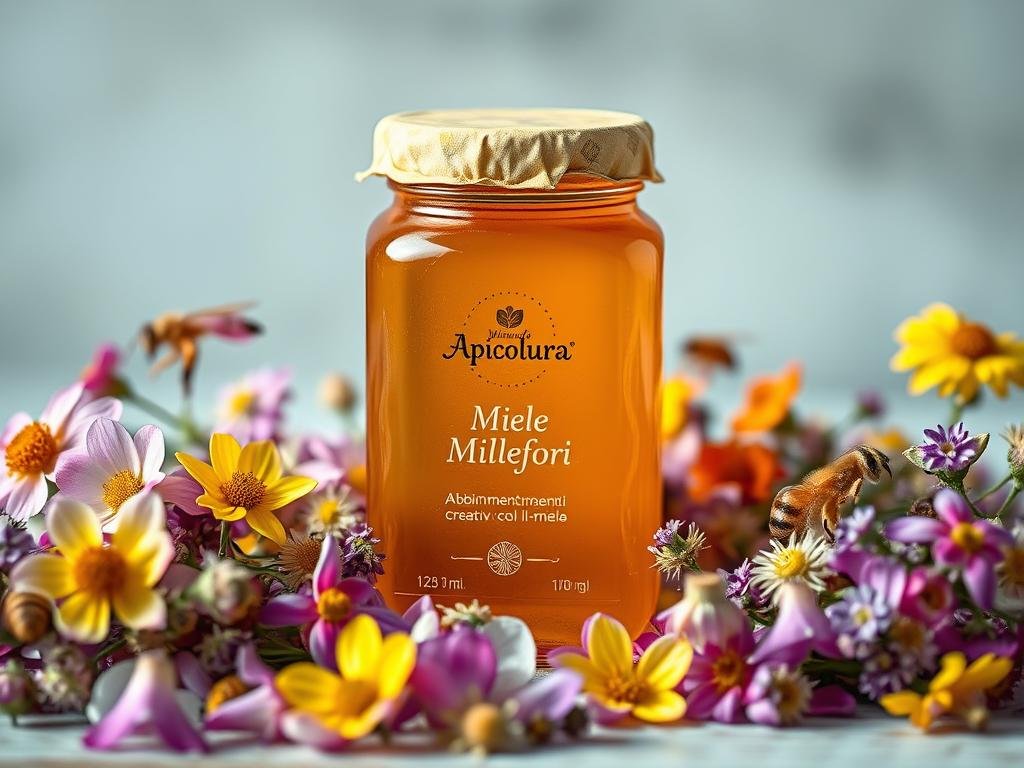 A vibrant still life of Miele Millefiori honey from the Apicoltura brand, captured in soft, natural lighting. The glass jar, filled with the rich, golden honey, takes center stage, surrounded by a lush arrangement of colorful wildflowers, evoking the diverse nectar sources visited by the bees. Delicate petals in shades of pink, purple, and yellow create a harmonious composition, complementing the warm tones of the honey. The overall scene radiates a sense of artisanal craftsmanship and the natural bounty of the Italian countryside, perfectly suited to illustrate the "Abbinamenti Creativi con il Miele" section of the article. A vibrant still life of Miele Millefiori honey from the Apicoltura brand, captured in soft, natural lighting. The glass jar, filled with the rich, golden honey, takes center stage, surrounded by a lush arrangement of colorful wildflowers, evoking the diverse nectar sources visited by the bees. Delicate petals in shades of pink, purple, and yellow create a harmonious composition, complementing the warm tones of the honey. The overall scene radiates a sense of artisanal craftsmanship and the natural bounty of the Italian countryside, perfectly suited to illustrate the "Abbinamenti Creativi con il Miele" section of the article.