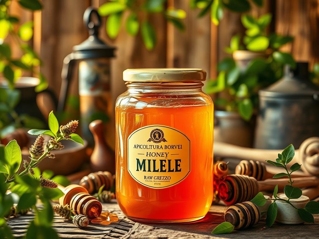 A vibrant still life of "miele grezzo", or raw honey, in a rustic Italian setting. Warm, golden light bathes a jar of APICOLTURA BORVEI MIELE, its viscous contents glistening. In the background, a beekeeper's smoker and other apiary tools hint at the honey's artisanal origins. Framed by lush greenery and weathered wood textures, the image conveys the natural, unprocessed essence of this nutritious sweetener. A sense of traditional Italian craftsmanship and the bounty of the land permeates the scene, perfectly suited to illustrate the section on "Il Miele: Composizione e Proprietà Nutrizionali". A vibrant still life of "miele grezzo", or raw honey, in a rustic Italian setting. Warm, golden light bathes a jar of APICOLTURA BORVEI MIELE, its viscous contents glistening. In the background, a beekeeper's smoker and other apiary tools hint at the honey's artisanal origins. Framed by lush greenery and weathered wood textures, the image conveys the natural, unprocessed essence of this nutritious sweetener. A sense of traditional Italian craftsmanship and the bounty of the land permeates the scene, perfectly suited to illustrate the section on "Il Miele: Composizione e Proprietà Nutrizionali".