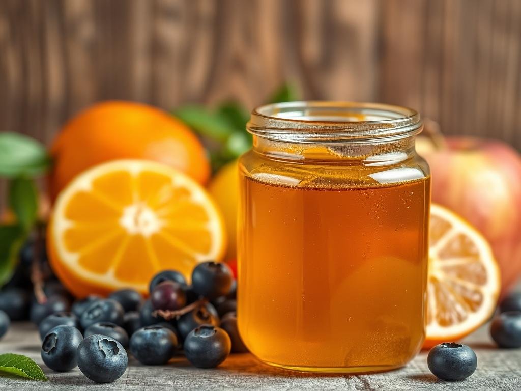 A vibrant still life scene depicting the antioxidant properties of honey. In the foreground, a transparent glass jar filled with rich, golden honey, its surface glistening under soft, diffused lighting. Surrounding the jar, a selection of fresh, seasonal fruits - plump blueberries, juicy oranges, and crisp apples, arranged in a visually appealing composition. In the background, a textured wooden surface, hinting at the natural, rustic origins of the miel. The overall mood is one of warmth, nourishment, and the inherent wellness benefits of the APICOLTURA BORVEI MIELE. The image conveys the nutritional and antioxidant richness of this artisanal Italian honey.