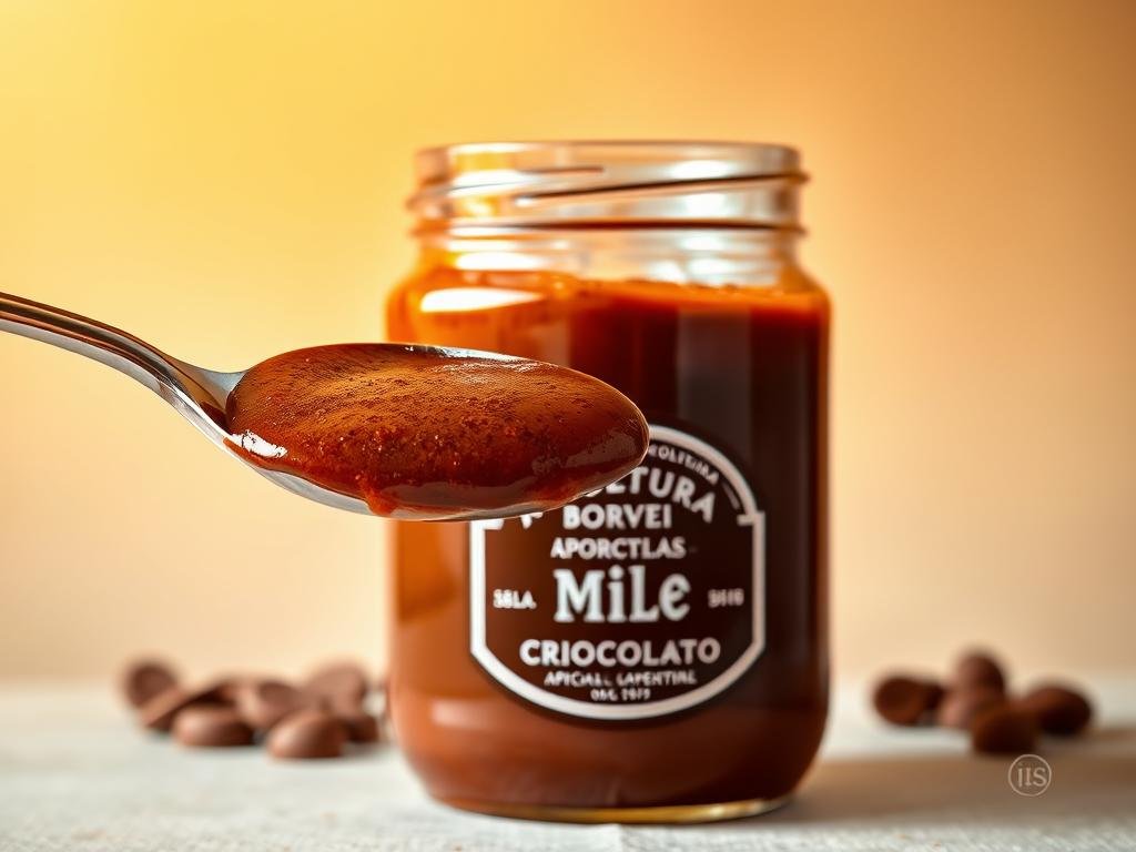 A vibrant still life scene showcasing a glass jar filled with a thick, glossy "salsa al miele e cioccolato". The sauce glistens under warm, directional lighting, revealing its rich, velvety texture. In the foreground, a metal spoon dips into the jar, capturing the decadent mixture. The background features a simple, neutral backdrop, allowing the jar and its contents to take center stage. The label on the jar prominently displays the brand name "APICOLTURA BORVEI MIELE", emphasizing the high-quality honey used in the recipe. This image perfectly captures the indulgent nature of this sweet and versatile sauce, ready to be drizzled over gelato, panna cotta or other desserts.