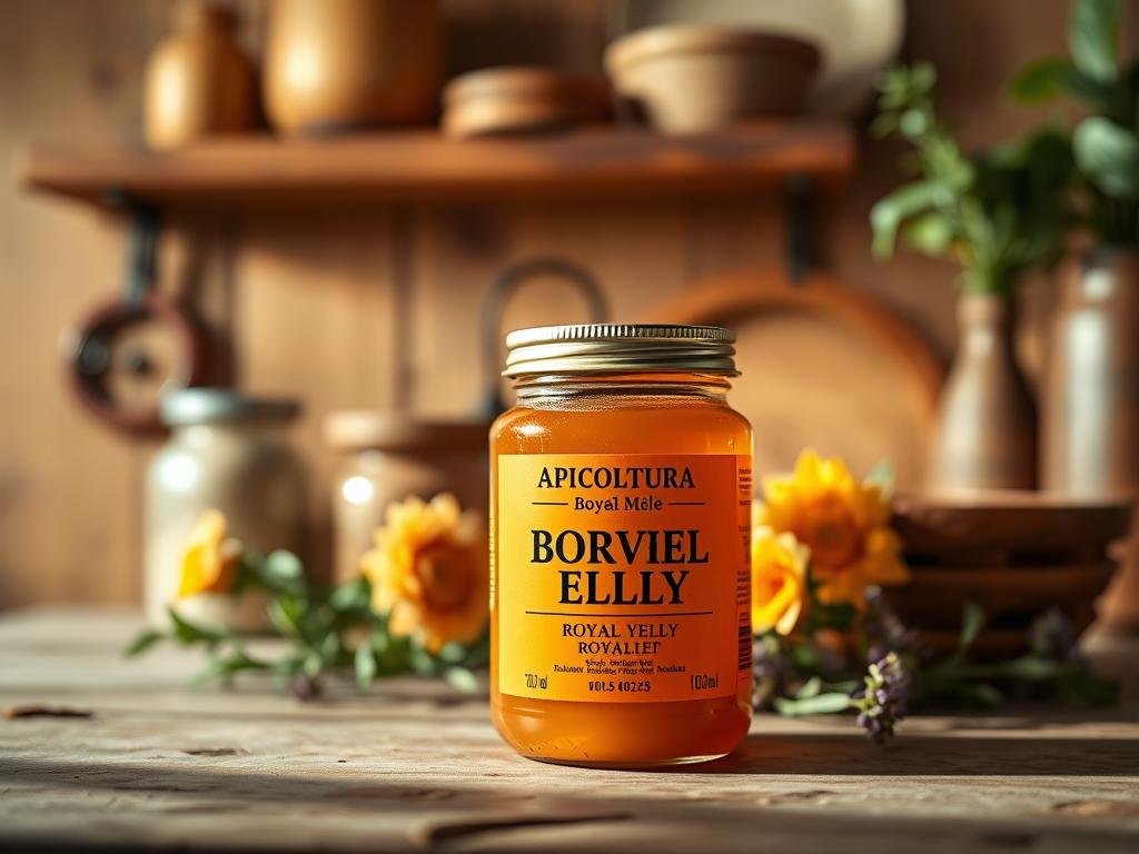 A vibrant still life showcasing a jar of "APICOLTURA BORVEI MIELE" royal jelly supplements, set against a warm, natural backdrop. The jar is illuminated by soft, directional lighting, casting subtle shadows and highlighting the rich, amber hue of the royal jelly. The foreground features the jar in crisp, high-resolution detail, while the middle ground and background feature a rustic, Italian-inspired setting, such as a wooden table or shelves, and perhaps a few complementary elements like fresh flowers or herbs. The overall mood is one of quality, authenticity, and a connection to the natural world, reflecting the artisanal nature of the royal jelly product.