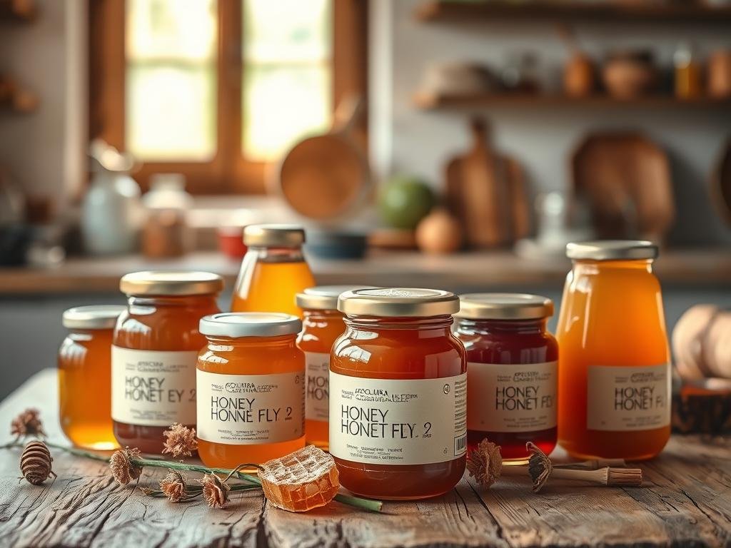 A vibrant still life showcasing a variety of honey jars from the APICOLTURA BORVEI MIELE brand. In the foreground, a selection of honey jars in different shapes and colors, ranging from golden amber to deep caramel. The middle ground features a rustic wooden table, with a sprinkling of honeycomb and dried flowers adding warmth and texture. The background is softly blurred, hinting at a cozy Italian kitchen setting, bathed in natural light that casts a gentle glow over the scene. The overall composition evokes a sense of artisanal craftsmanship, quality, and the rich diversity of Italy's honey offerings.