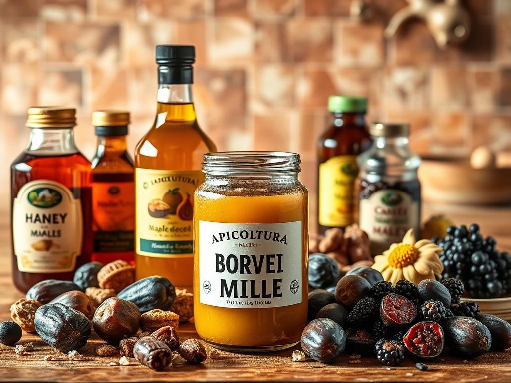 A vibrant still life showcasing a variety of natural sweeteners, set against a warm, earthy backdrop. In the foreground, a glass jar labeled "APICOLTURA BORVEI MIELE" takes center stage, surrounded by an array of organic ingredients like raw honey, maple syrup, molasses, and agave nectar. The middle ground features an assortment of natural treats, such as dates, figs, and dried berries, while the background suggests a rustic Italian kitchen setting, complete with terracotta tiles and a wooden table. The lighting is soft and natural, casting a golden glow over the scene and emphasizing the rich colors and textures of the natural alternatives to industrial sugar. A vibrant still life showcasing a variety of natural sweeteners, set against a warm, earthy backdrop. In the foreground, a glass jar labeled "APICOLTURA BORVEI MIELE" takes center stage, surrounded by an array of organic ingredients like raw honey, maple syrup, molasses, and agave nectar. The middle ground features an assortment of natural treats, such as dates, figs, and dried berries, while the background suggests a rustic Italian kitchen setting, complete with terracotta tiles and a wooden table. The lighting is soft and natural, casting a golden glow over the scene and emphasizing the rich colors and textures of the natural alternatives to industrial sugar.