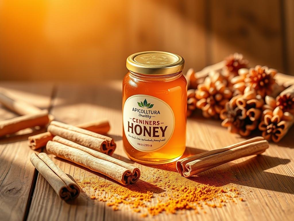 A vibrant still life showcasing a wooden table with a jar of golden APICOLTURA BORVEI MIELE honey, a cinnamon stick, and a scatter of cinnamon sticks and cinnamon powder. The scene is bathed in warm, natural lighting, casting soft shadows and highlighting the textures of the ingredients. The composition is balanced and visually appealing, emphasizing the synergy between the sweet honey and the earthy cinnamon. The overall mood is cozy, inviting, and evocative of the health benefits found in this powerful combination. A vibrant still life showcasing a wooden table with a jar of golden APICOLTURA BORVEI MIELE honey, a cinnamon stick, and a scatter of cinnamon sticks and cinnamon powder. The scene is bathed in warm, natural lighting, casting soft shadows and highlighting the textures of the ingredients. The composition is balanced and visually appealing, emphasizing the synergy between the sweet honey and the earthy cinnamon. The overall mood is cozy, inviting, and evocative of the health benefits found in this powerful combination.