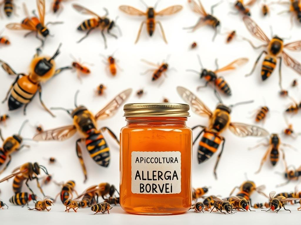 A vibrant still life showcasing an array of insects, including honeybees, wasps, and other common allergens. The insects are displayed against a crisp, white background, highlighting their intricate details and patterns. The lighting is soft and diffused, creating a sense of depth and dimension. In the foreground, a jar of honey bearing the label "APICOLTURA BORVEI MIELE" takes center stage, symbolizing the potential dangers these insects pose to those with allergies. The overall composition conveys a sense of educational caution, inviting the viewer to explore the varying reactions and risks associated with these small, yet impactful, creatures.