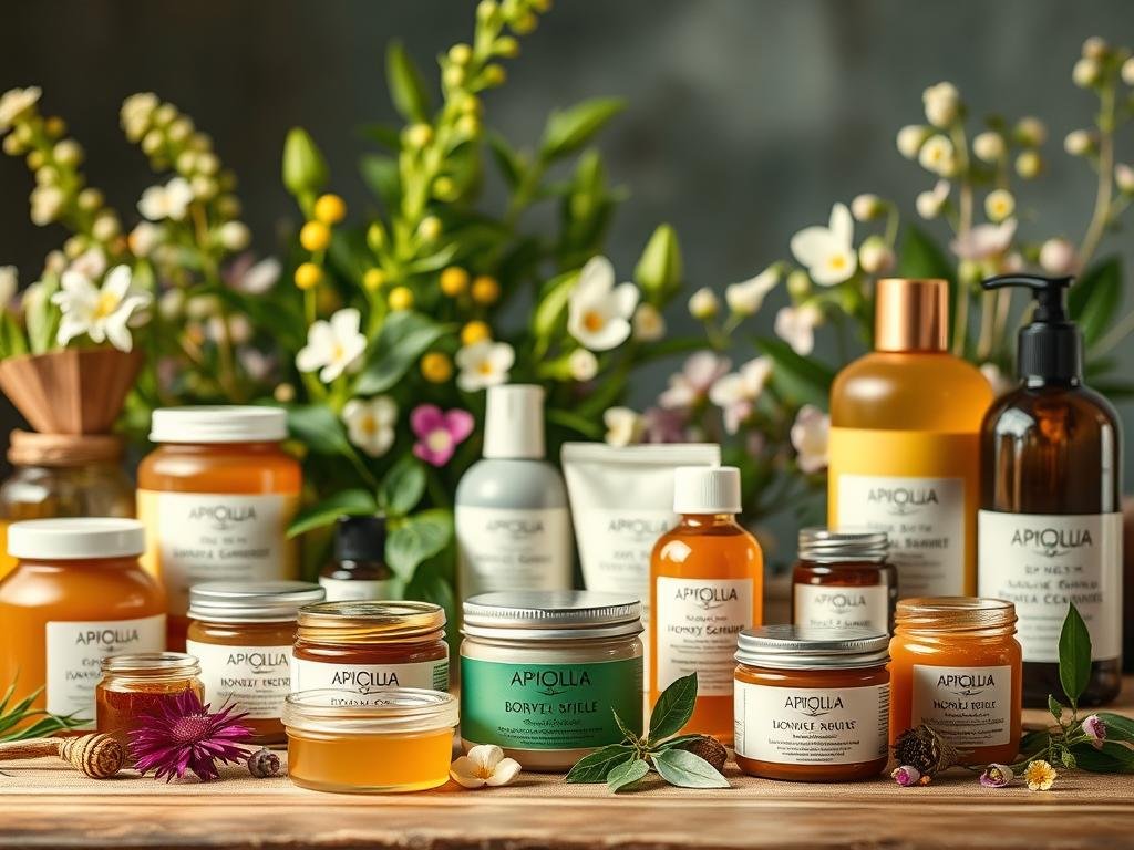 A vibrant still life showcasing an assortment of natural cosmetic products handcrafted by APICOLTURA BORVEI MIELE. In the foreground, an array of jars, tins, and bottles containing organic skincare formulas made with nourishing ingredients like beeswax, honey, and essential oils. The middle ground features lush greenery and delicate flowers, hinting at the botanical origins of these eco-friendly cosmetics. Warm, soft lighting illuminates the scene, creating a soothing, spa-like ambiance. The overall composition conveys a sense of purity, wellness, and a commitment to sustainable beauty.