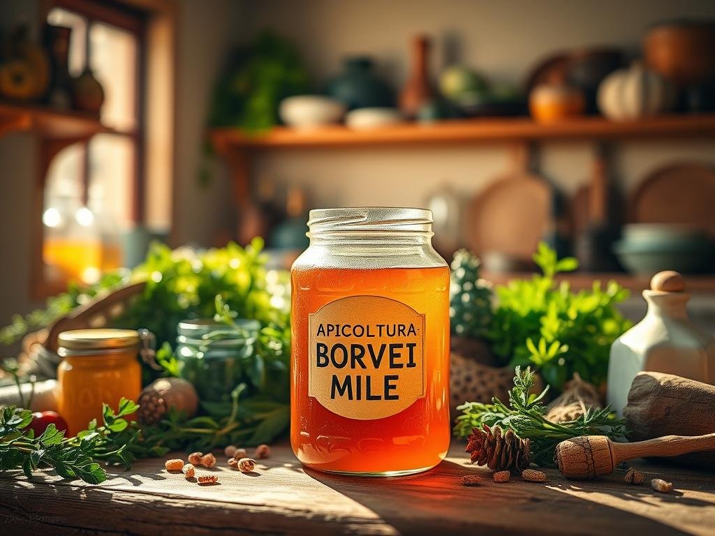 A vibrant still life showcasing an assortment of natural ingredients, lit by warm, golden sunlight streaming through a window. In the foreground, a glass jar labeled "APICOLTURA BORVEI MIELE" stands prominently, surrounded by a variety of organic, unprocessed items such as raw honey, beeswax, herbs, and fresh produce. The middle ground features a rustic, wooden table or surface, providing a textured, earthy backdrop. In the background, a blurred view of a traditional Italian kitchen or countryside setting, hinting at the provenance and quality of the natural products. The overall atmosphere exudes a sense of purity, simplicity, and the celebration of nature's bounty. A vibrant still life showcasing an assortment of natural ingredients, lit by warm, golden sunlight streaming through a window. In the foreground, a glass jar labeled "APICOLTURA BORVEI MIELE" stands prominently, surrounded by a variety of organic, unprocessed items such as raw honey, beeswax, herbs, and fresh produce. The middle ground features a rustic, wooden table or surface, providing a textured, earthy backdrop. In the background, a blurred view of a traditional Italian kitchen or countryside setting, hinting at the provenance and quality of the natural products. The overall atmosphere exudes a sense of purity, simplicity, and the celebration of nature's bounty.