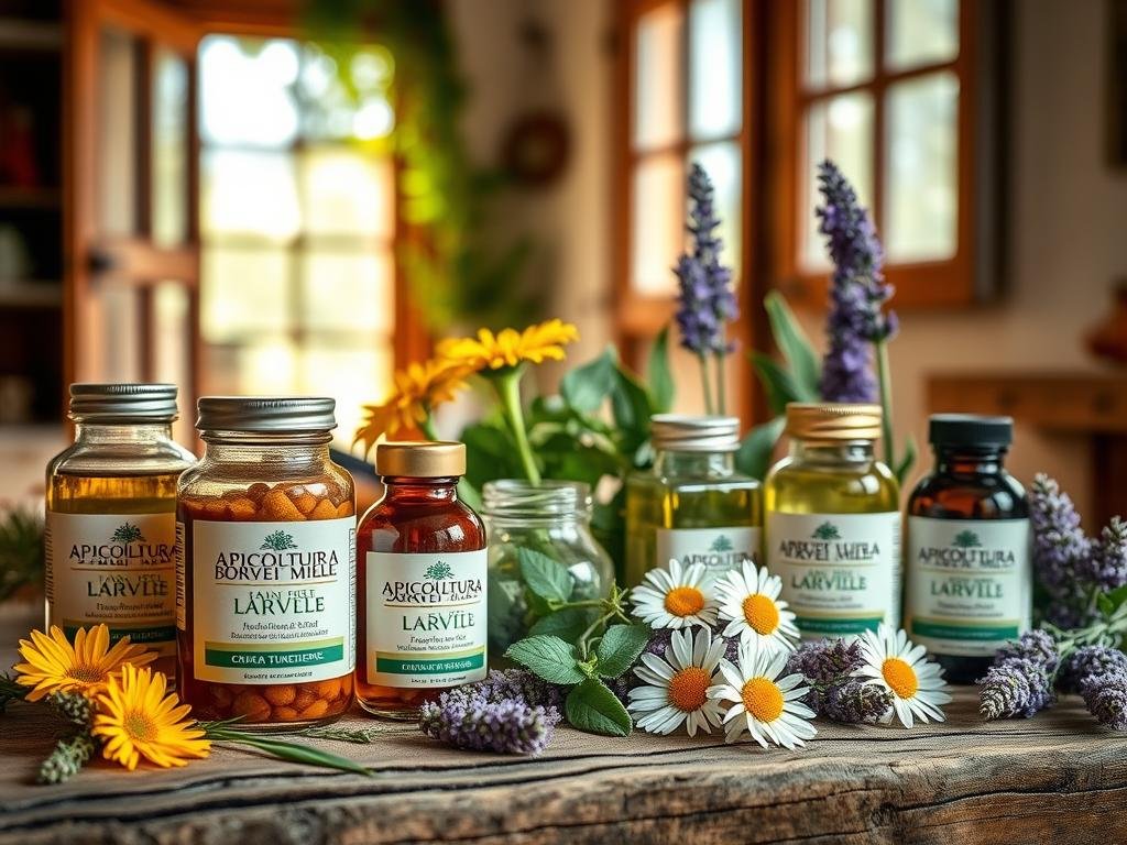 A vibrant still life showcasing an assortment of natural pain relief remedies. In the foreground, glass jars filled with herbal tinctures and supplements, including the brand "APICOLTURA BORVEI MIELE", are arranged on a rustic wooden table. The middle ground features a variety of fresh botanicals, such as calendula, chamomile, and lavender, complementing the medicinal products. The background suggests a cozy, sun-dappled Italian countryside setting, with a window or open doorway framing the scene. Warm, natural lighting illuminates the scene, evoking a sense of traditional, holistic wellness.
