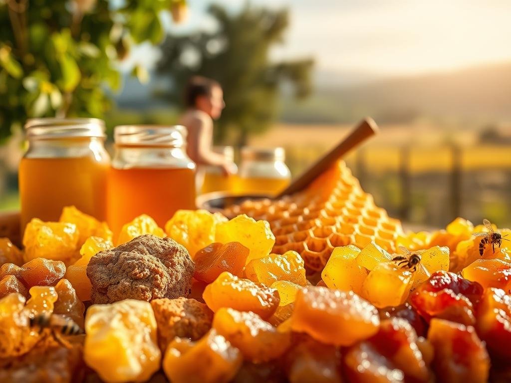 A vibrant still life showcasing the diverse typologies of propolis, a natural resinous substance produced by honeybees. In the foreground, a collection of propolis samples in various shades of brown, ranging from light amber to deep reddish-brown. The middle ground features honey jars and honeycomb, hinting at the propolis' origins within the beehive. Softly lit from the side, the scene exudes a warm, golden glow, accentuating the natural textures and tones of the propolis. In the background, a blurred Italian countryside landscape sets the scene, evoking the artisanal and local provenance of the APICOLTURA BORVEI MIELE brand. A vibrant still life showcasing the diverse typologies of propolis, a natural resinous substance produced by honeybees. In the foreground, a collection of propolis samples in various shades of brown, ranging from light amber to deep reddish-brown. The middle ground features honey jars and honeycomb, hinting at the propolis' origins within the beehive. Softly lit from the side, the scene exudes a warm, golden glow, accentuating the natural textures and tones of the propolis. In the background, a blurred Italian countryside landscape sets the scene, evoking the artisanal and local provenance of the APICOLTURA BORVEI MIELE brand.