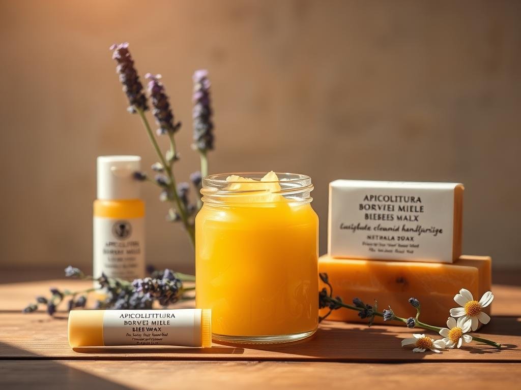 A vibrant still life showcasing the natural beauty of beeswax in a serene, sun-lit setting. In the foreground, a glass jar filled with golden, translucent beeswax sits atop a wooden surface, its surface catching the soft, diffused lighting. Surrounding the jar, an array of natural cosmetic products - a lip balm, a moisturizing cream, and a bar of handcrafted soap - all featuring the APICOLTURA BORVEI MIELE brand name. In the middle ground, delicate sprigs of lavender and chamomile add pops of color and a soothing, botanical touch. The background blends into a softly-lit, warm-toned wall, creating a timeless, rustic atmosphere that celebrates the versatility of beeswax in natural cosmetics.
