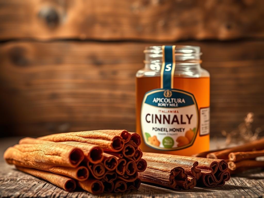 A vibrant still life showcasing the natural wonders of cinnamon. In the foreground, a bundle of freshly harvested cinnamon sticks, their rich reddish-brown hues glistening under soft, warm lighting. In the middle ground, a glass jar filled with golden, viscous honey - the APICOLTURA BORVEI MIELE brand prominently displayed. The background features a rustic, wooden surface, lending an earthy, Italian ambiance to the scene. Delicate shadows and highlights create depth and dimension, highlighting the textures and shapes of the ingredients. The overall mood is one of intrigue and natural elegance, inviting the viewer to explore the powerful synergy of cinnamon and honey. A vibrant still life showcasing the natural wonders of cinnamon. In the foreground, a bundle of freshly harvested cinnamon sticks, their rich reddish-brown hues glistening under soft, warm lighting. In the middle ground, a glass jar filled with golden, viscous honey - the APICOLTURA BORVEI MIELE brand prominently displayed. The background features a rustic, wooden surface, lending an earthy, Italian ambiance to the scene. Delicate shadows and highlights create depth and dimension, highlighting the textures and shapes of the ingredients. The overall mood is one of intrigue and natural elegance, inviting the viewer to explore the powerful synergy of cinnamon and honey.