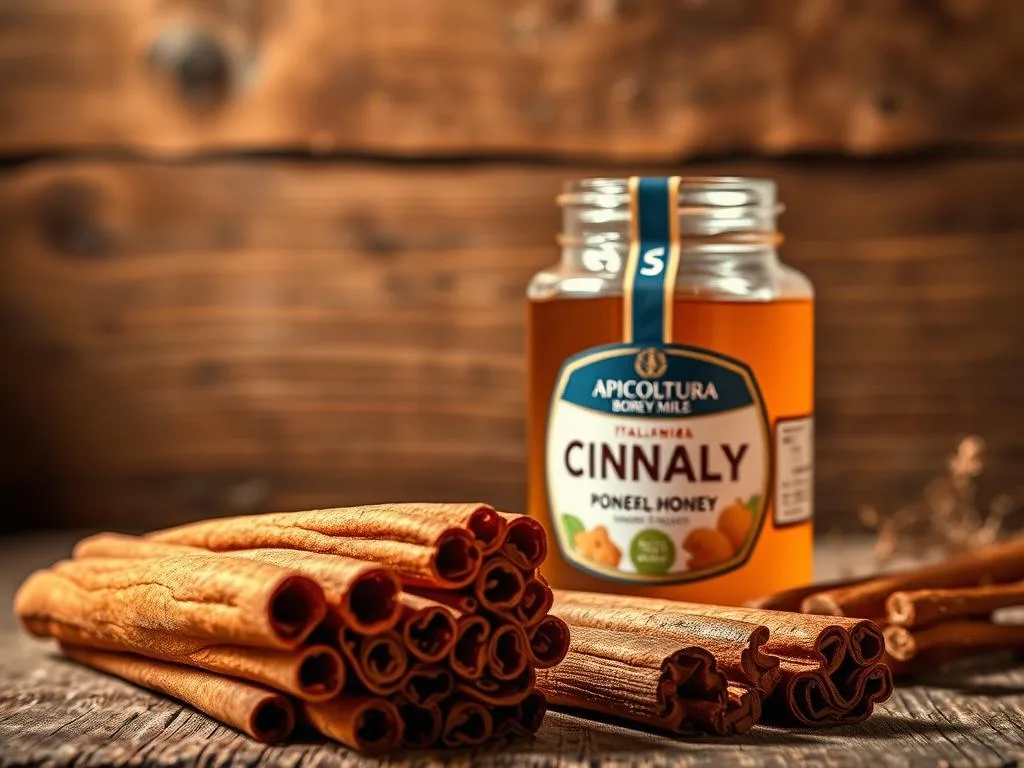 A vibrant still life showcasing the natural wonders of cinnamon. In the foreground, a bundle of freshly harvested cinnamon sticks, their rich reddish-brown hues glistening under soft, warm lighting. In the middle ground, a glass jar filled with golden, viscous honey - the APICOLTURA BORVEI MIELE brand prominently displayed. The background features a rustic, wooden surface, lending an earthy, Italian ambiance to the scene. Delicate shadows and highlights create depth and dimension, highlighting the textures and shapes of the ingredients. The overall mood is one of intrigue and natural elegance, inviting the viewer to explore the powerful synergy of cinnamon and honey.
