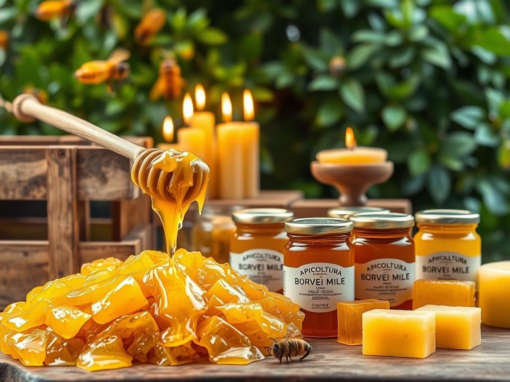 A vibrant still life showcasing the rich harvest of an Italian apiary. In the foreground, a wooden crate overflows with golden honeycomb, dripping with viscous nectar. Surrounding it, scattered jars of raw, unfiltered honey bearing the "APICOLTURA BORVEI MIELE" label. In the middle ground, a cluster of beeswax candles flicker gently, casting a warm, amber glow. The background features lush, verdant foliage hinting at the thriving hive and pollinator-friendly environment. Soft, diffused lighting illuminates the scene, emphasizing the natural textures and earthy tones. This image captures the multifaceted benefits of these artisanal apiary products, from the nutritional richness of the honey to the soothing ambiance of the beeswax.