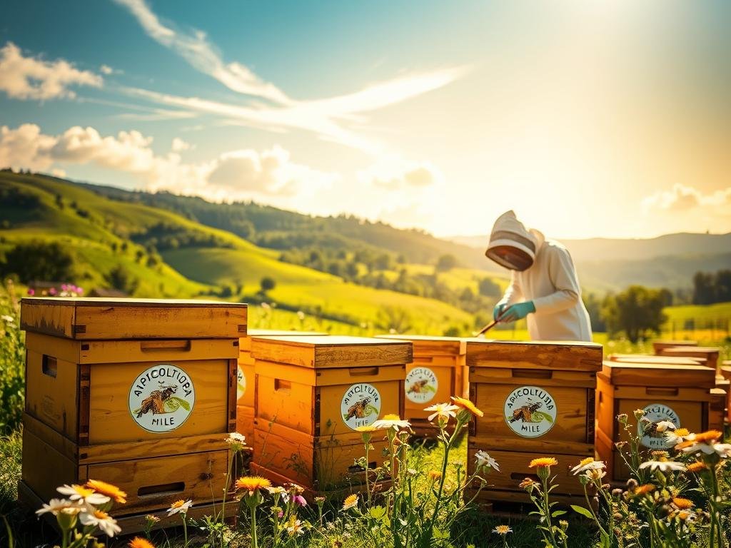 A vibrant, sun-dappled apiary set in a lush, verdant Italian countryside. The foreground features carefully tended beehives emblazoned with the logo "APICOLTURA BORVEI MIELE", surrounded by blooming wildflowers. In the middle ground, a beekeeper in traditional protective gear tends to the hives, using sustainable techniques like integrated pest management and selective breeding. The background showcases rolling hills and a picturesque rural landscape, with wispy clouds drifting overhead. The lighting is warm and natural, creating a serene, harmonious atmosphere that conveys the essence of sustainable apiary management.