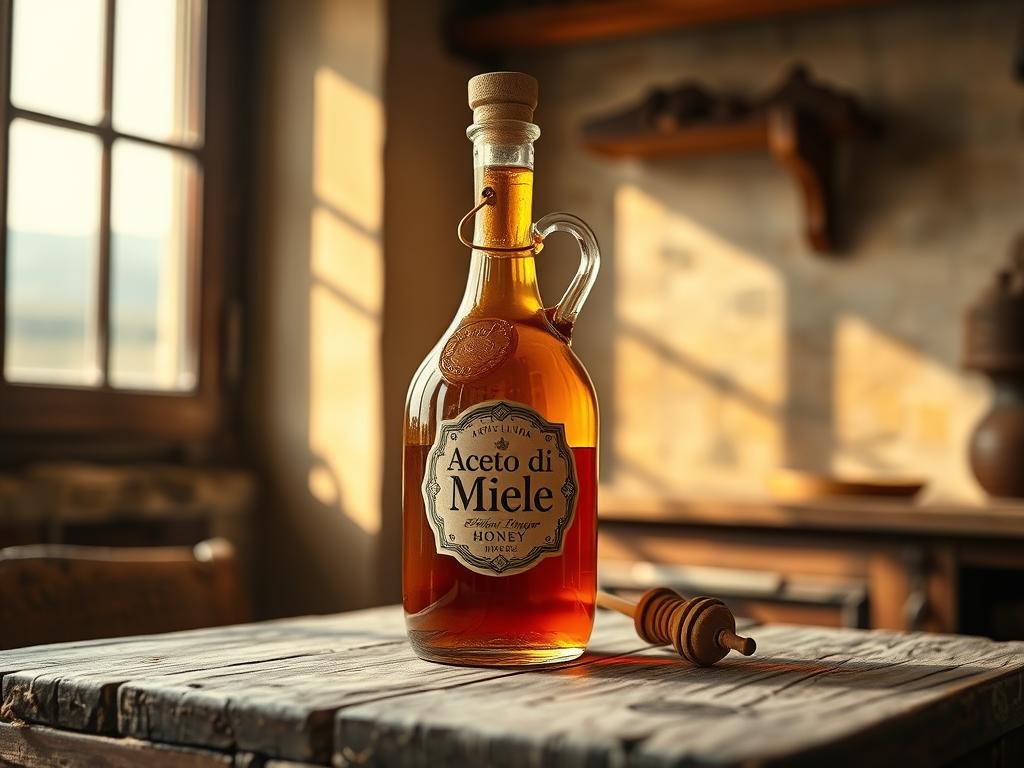 A vintage ceramic decanter sits atop a weathered wooden table, filled with the rich, amber-hued Aceto di Miele, the ancient honey vinegar. Honey-hued light filters through a window, casting a warm glow on the scene. The bottle's label bears the "Apicoltura" brand, a testament to its artisanal origins. In the background, a faded Italian countryside landscape evokes a sense of timeless tradition. The overall atmosphere is one of rustic elegance, capturing the essence of this centuries-old culinary treasure.