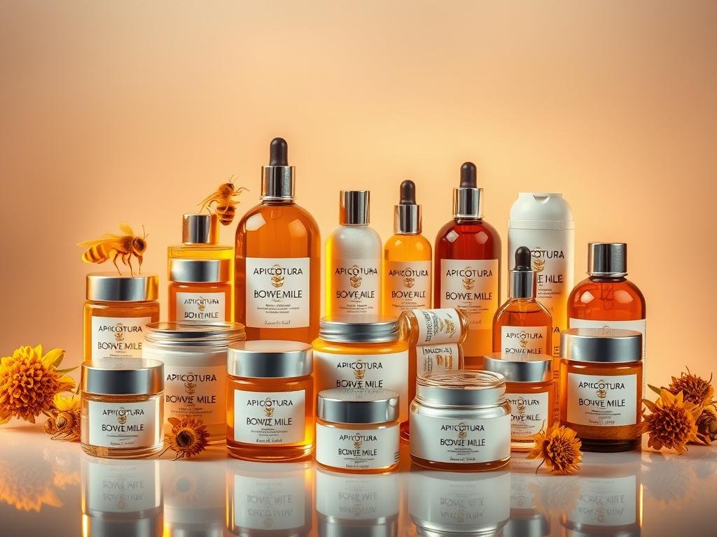 A visually striking still life arrangement featuring a range of high-quality, natural cosmetic products infused with the power of bee venom. Beautifully lit with warm, golden tones, the arrangement showcases an assortment of jars, bottles, and containers labeled with the brand name "APICOLTURA BORVEI MIELE". The products are displayed against a sleek, minimalist background, emphasizing their elegant and therapeutic properties. Attention to detail is paramount, with each item meticulously positioned to create a cohesive and visually compelling composition that captures the essence of the "Applicazioni Terapeutiche del Veleno d'Api" section of the article.