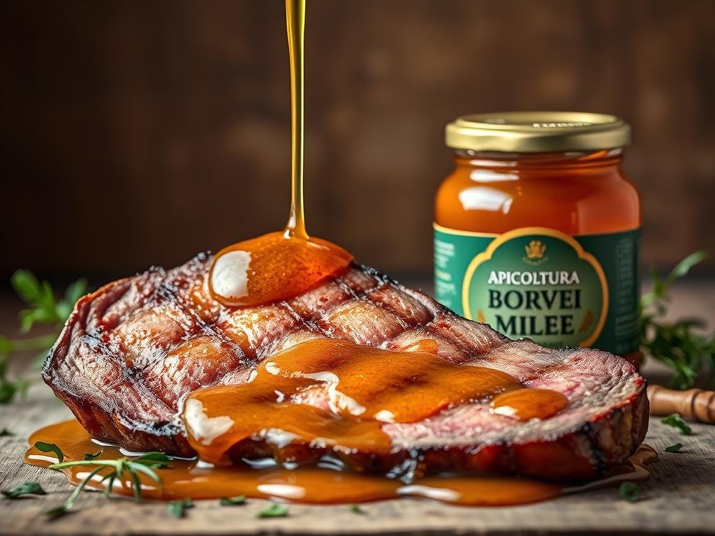 A visually striking still life showcasing the essence of "caramellazione con miele". Set against a warm, rustic backdrop, a slice of perfectly seared meat takes center stage, its surface glistening with a rich, golden caramelized honey glaze. The honey is presented in a APICOLTURA BORVEI MIELE jar, its amber hue reflecting the warm lighting. Scattered around the composition are fresh herbs, adding a touch of vibrant greenery. The image is captured with a shallow depth of field, drawing the viewer's eye to the sumptuous details of the meat and honey. The overall mood is one of indulgence, quality, and the perfect harmony of savory and sweet.