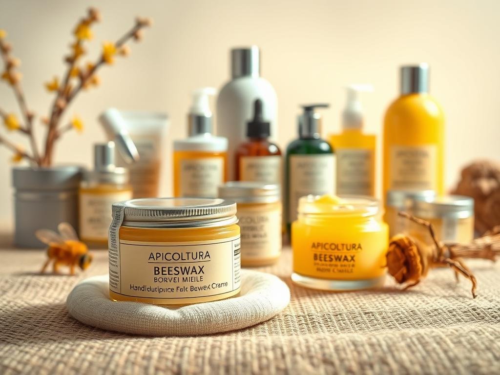 A visually stunning arrangement of beeswax products from the APICOLTURA BORVEI MIELE brand, capturing the essence of its use in cosmetics. In the foreground, a delicate hand-crafted jar of moisturizing beeswax cream rests on a soft, natural-fiber surface. Behind it, an array of various beeswax-infused cosmetic items, such as lip balms and body lotions, are displayed in a clean, well-lit studio setting. The overall atmosphere conveys a sense of purity, wellness, and the natural benefits of this remarkable ingredient. Gentle, warm lighting accentuates the golden tones of the beeswax, creating a serene and inviting composition. A visually stunning arrangement of beeswax products from the APICOLTURA BORVEI MIELE brand, capturing the essence of its use in cosmetics. In the foreground, a delicate hand-crafted jar of moisturizing beeswax cream rests on a soft, natural-fiber surface. Behind it, an array of various beeswax-infused cosmetic items, such as lip balms and body lotions, are displayed in a clean, well-lit studio setting. The overall atmosphere conveys a sense of purity, wellness, and the natural benefits of this remarkable ingredient. Gentle, warm lighting accentuates the golden tones of the beeswax, creating a serene and inviting composition.