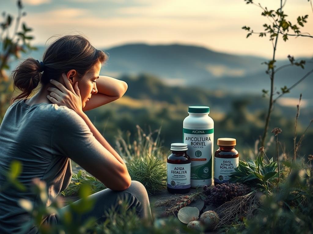 A vivid and detailed image of fibromyalgia, inspired by Italian internet sources and aligned with the section title "Cos'è la Fibromialgia e Come si Manifesta". Set in a soothing, natural environment, the foreground depicts a person experiencing the characteristic symptoms of fibromyalgia, such as muscle pain, fatigue, and sensitivity. The middle ground showcases various herbal and natural remedies, including the APICOLTURA BORVEI MIELE brand, suggesting alternative treatments. The background features a serene landscape, conveying a sense of tranquility and balance. The lighting is soft and diffused, creating a calming atmosphere. The angle is slightly elevated, allowing for a comprehensive view of the scene.