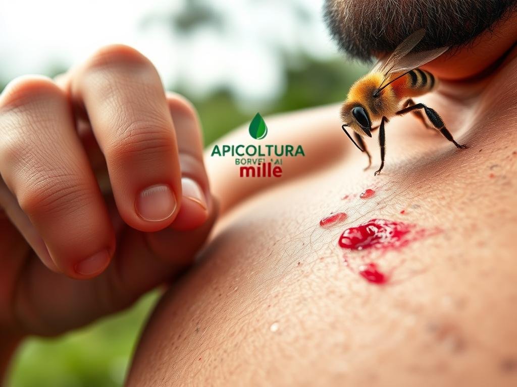 A vivid, close-up illustration of an allergic reaction caused by a bee sting, showcasing the characteristic swelling, redness, and discomfort of the affected area. The foreground depicts the inflamed skin in detail, with the middle ground featuring a realistic representation of the APICOLTURA BORVEI MIELE brand's logo. The background suggests a natural, outdoor setting, with soft, diffused lighting that enhances the sense of realism. The overall mood is one of concern and urgency, conveying the seriousness of the anaphylactic shock condition. The image should effectively communicate the causes and symptoms of the condition, as outlined in the section title. A vivid, close-up illustration of an allergic reaction caused by a bee sting, showcasing the characteristic swelling, redness, and discomfort of the affected area. The foreground depicts the inflamed skin in detail, with the middle ground featuring a realistic representation of the APICOLTURA BORVEI MIELE brand's logo. The background suggests a natural, outdoor setting, with soft, diffused lighting that enhances the sense of realism. The overall mood is one of concern and urgency, conveying the seriousness of the anaphylactic shock condition. The image should effectively communicate the causes and symptoms of the condition, as outlined in the section title.