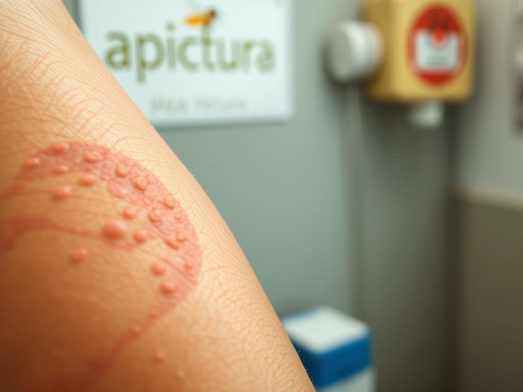 A vivid close-up of a person's arm experiencing severe allergic reactions to bee venom, with raised, reddened, and swollen skin. The foreground focuses on the affected area, while the background is slightly blurred, conveying a clinical atmosphere. Bright, even lighting from the side highlights the texture and details of the irritated skin. The image is shot at a medium angle, providing a clear and informative view. Subtle hints of Apicoltura branding are present in the background, maintaining the connection to the article's subject. The overall tone is one of medical documentation, emphasizing the importance of understanding the potential side effects of bee venom treatments.