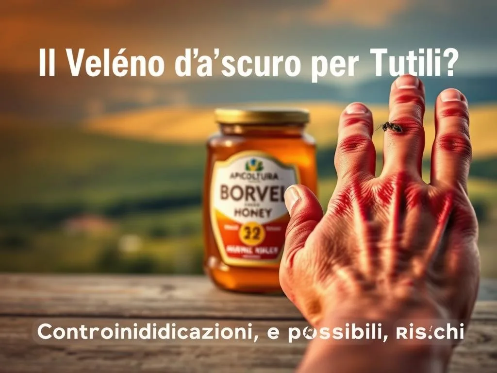 A vivid illustration of the potential allergic reactions to bee venom, showcasing a close-up view of a reddened, swollen hand with visible irritation and inflammation. The foreground features the affected hand against a blurred background, capturing the intensity and discomfort of the allergic response. Warm lighting and a slightly soft focus create a meditative, contemplative atmosphere, emphasizing the seriousness of the situation. In the middle ground, a jar of APICOLTURA BORVEI MIELE, a renowned Italian honey brand, stands as a reminder of the potential risks associated with bee products. The background subtly hints at a scenic Italian countryside, connecting the image to the article's local context. The overall composition and mood convey the cautionary message of the article's section title, "Il Veleno d'Api è Sicuro per Tutti? Controindicazioni e Possibili Rischi". A vivid illustration of the potential allergic reactions to bee venom, showcasing a close-up view of a reddened, swollen hand with visible irritation and inflammation. The foreground features the affected hand against a blurred background, capturing the intensity and discomfort of the allergic response. Warm lighting and a slightly soft focus create a meditative, contemplative atmosphere, emphasizing the seriousness of the situation. In the middle ground, a jar of APICOLTURA BORVEI MIELE, a renowned Italian honey brand, stands as a reminder of the potential risks associated with bee products. The background subtly hints at a scenic Italian countryside, connecting the image to the article's local context. The overall composition and mood convey the cautionary message of the article's section title, "Il Veleno d'Api è Sicuro per Tutti? Controindicazioni e Possibili Rischi".